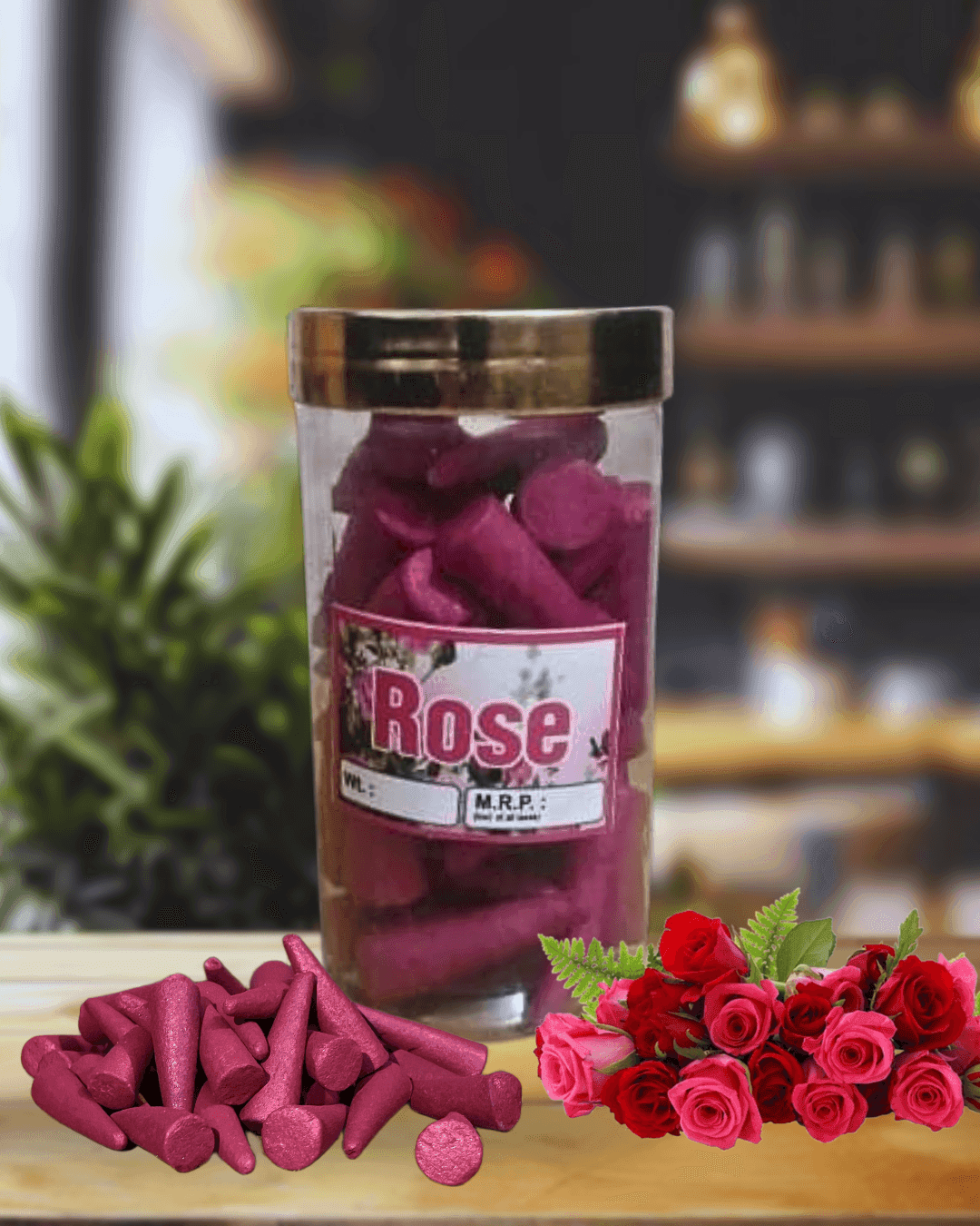 Premium Dhoop Cones with Metallic Glitter Shine - Dashang, Kasturi, Mogra, Rose, Attar. Incense Cones for Pooja and Hawan 200 gram (Rose)