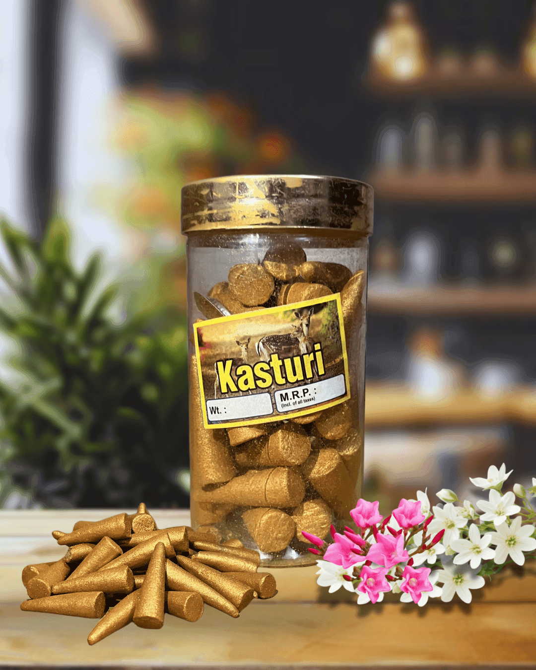 Premium Dhoop Cones with Metallic Glitter Shine - Dashang, Kasturi, Mogra, Rose, Attar. Incense Cones for Pooja and Hawan 200 gram (Kasturi)